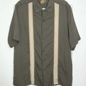 Vintage Caribbean Silk Cotton Button-Up Shirt Size M Olive Green Hawaiian Stripe